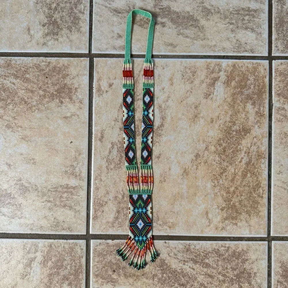 Native American‎ Seed Beaded Necklace Handmade Multicolor Fringe Boho Unisex